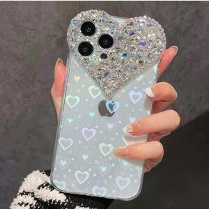 iPhone 13 Case 3D Glitter Sparkle Heart Pattern Rhinestone Diamond